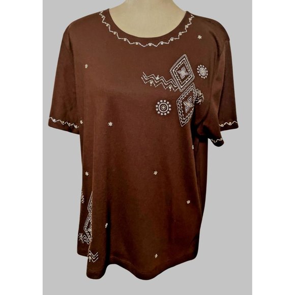 Alfred Dunner Shirt Womens Large Brown Sequin Embellished Crewneck Top Short Sle - Picture 4 of 9